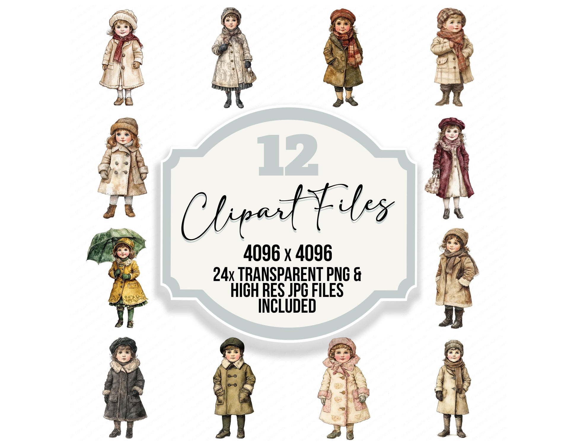 Victorian Child in Winter Coat clipart set with transparent PNGs and high resolution JPGs for crafting and design projects