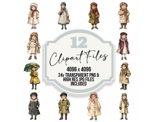 Victorian Child in Winter Coat clipart set with transparent PNGs and high resolution JPGs for crafting and design projects