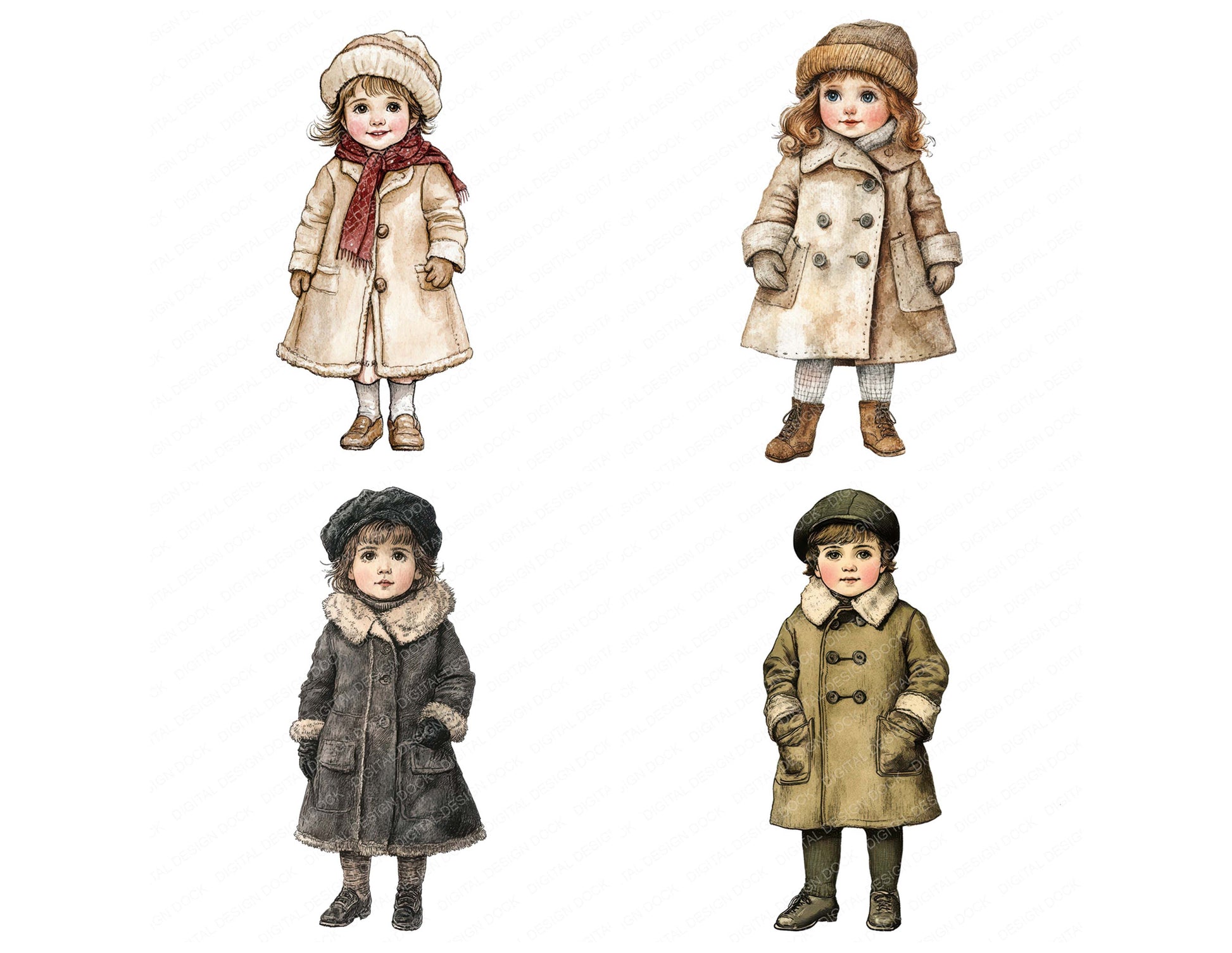 Preview layout showing Victorian Child in Winter Coat clipart elements for scrapbooking, junk journals, and card making