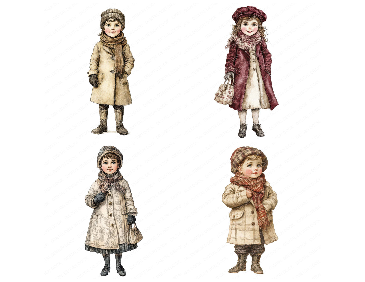 Close view of Victorian Child in Winter Coat clipart highlighting illustration detail and cohesive colour tones