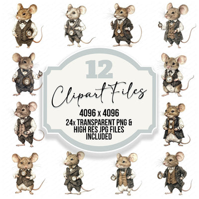 Victorian Dressed Mouse clipart set cover showing the designs and file details