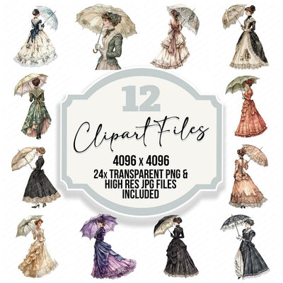 Victorian Lady with Lace Umbrella clipart set cover showing the designs and file details