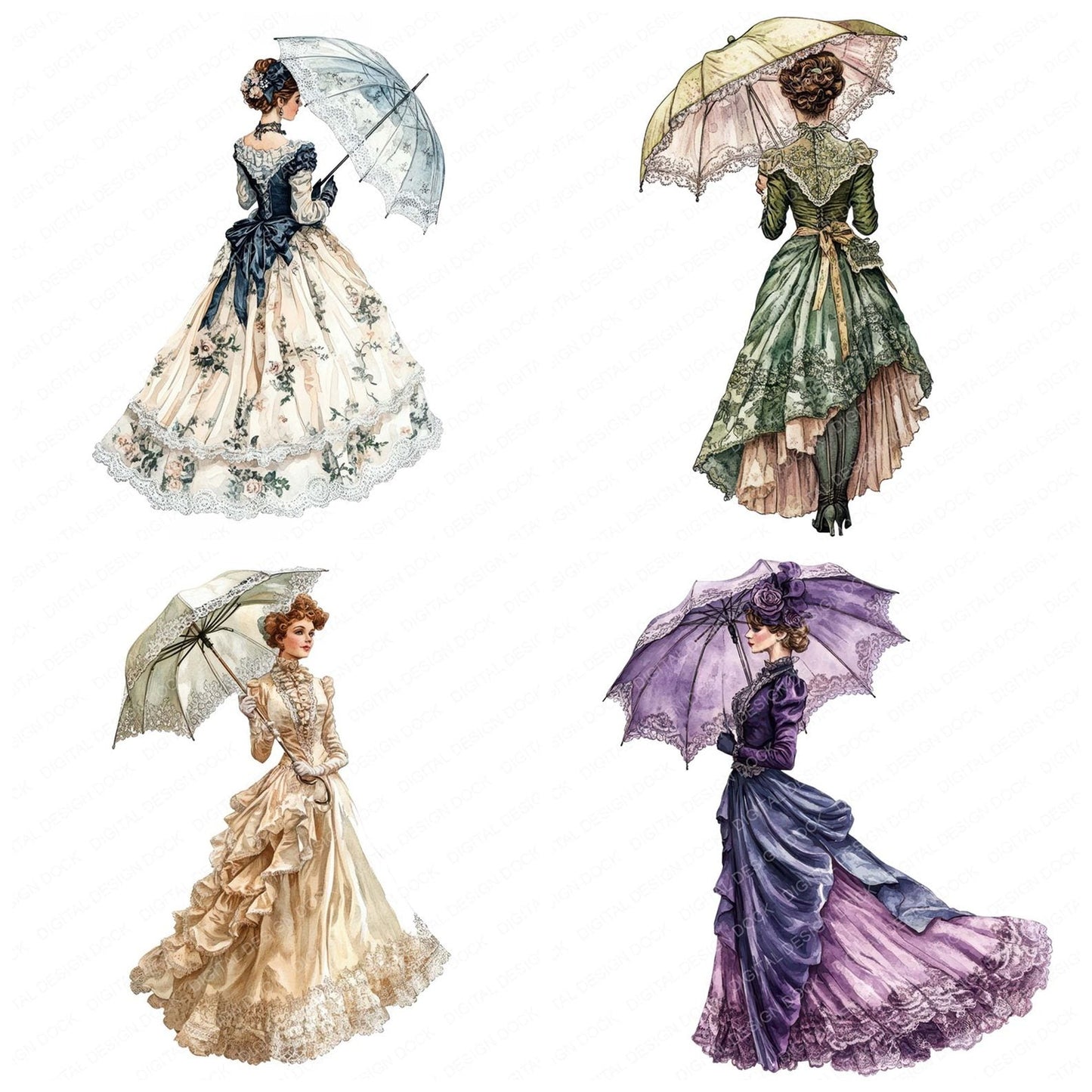 Victorian Lady with Lace Umbrella Clipart Set (DDD006823)