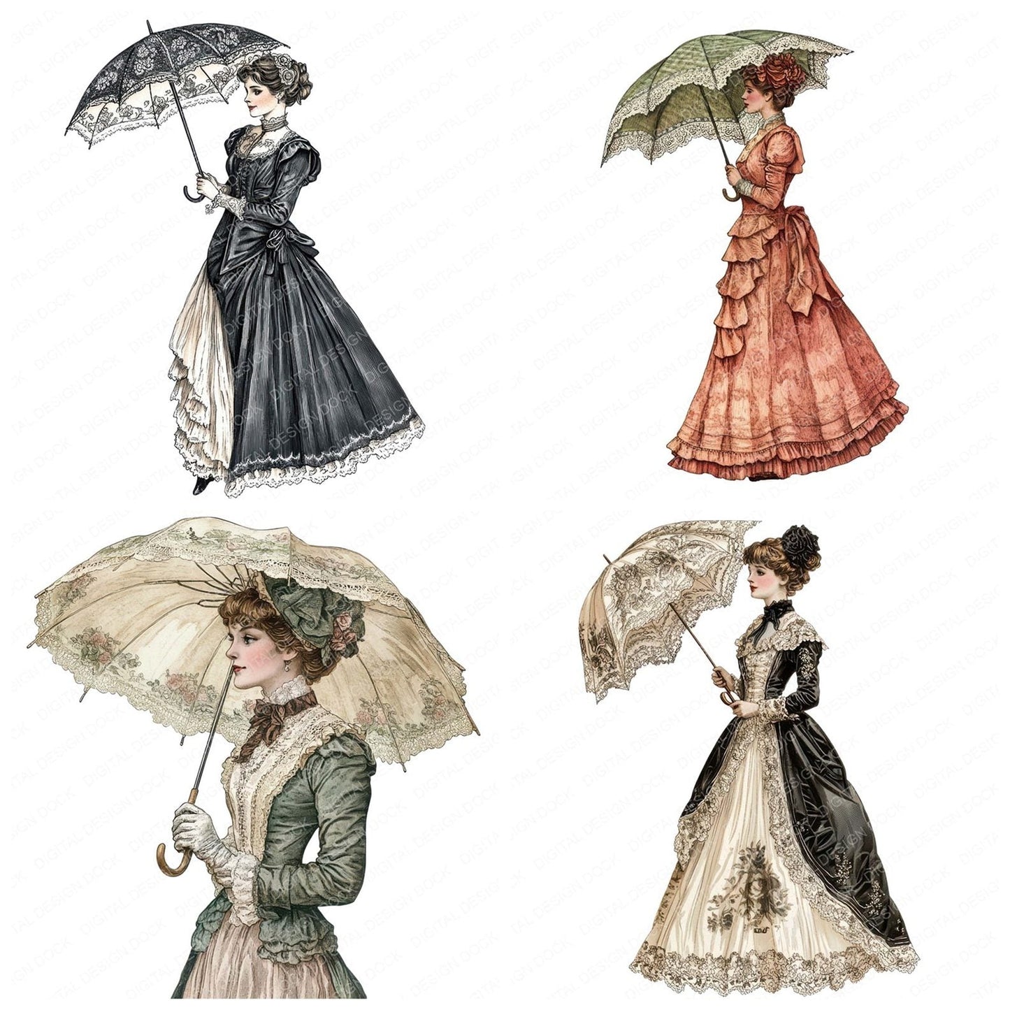 Victorian Lady with Lace Umbrella Clipart Set (DDD006823)