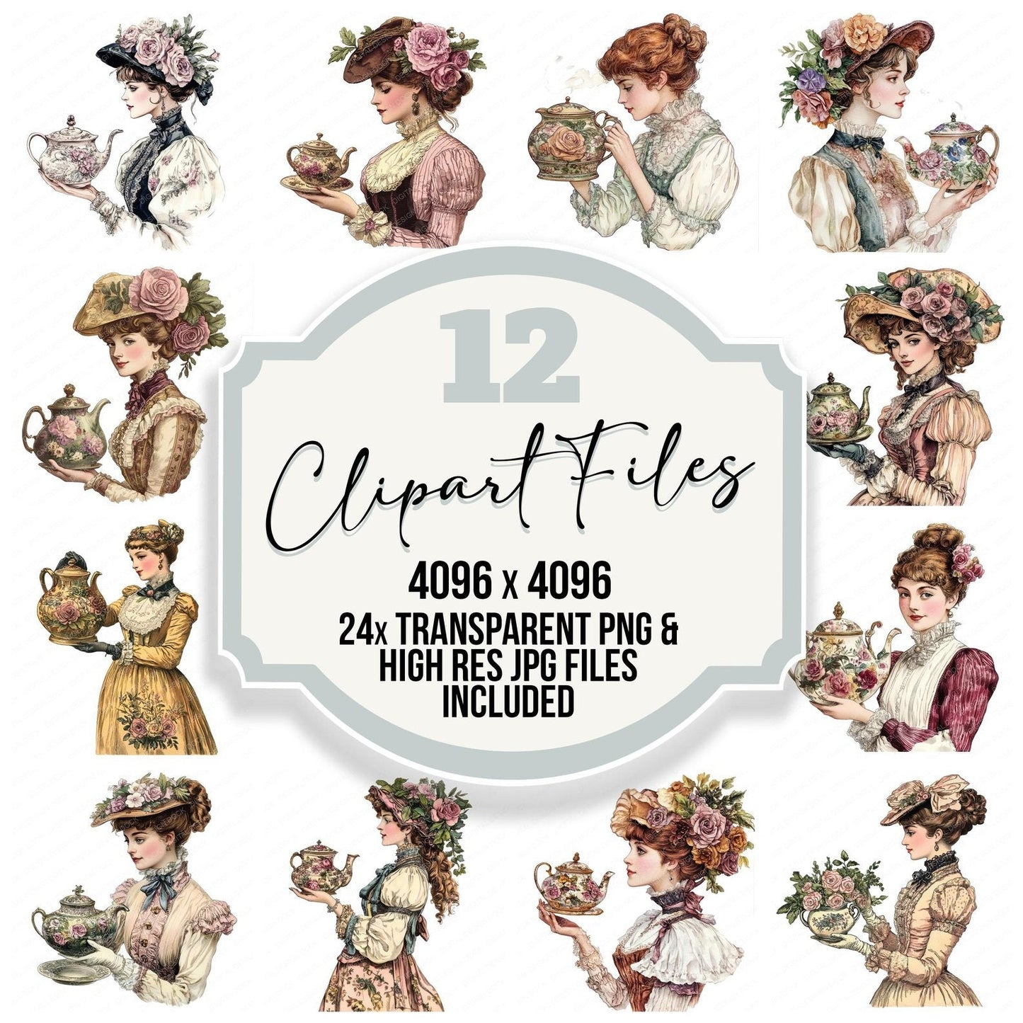 Victorian Woman Floral Teapot Clipart Set (DDD006832)