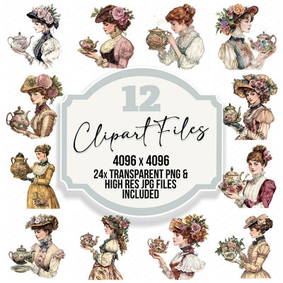 Victorian Woman Floral Teapot Clipart Set (DDD006832)