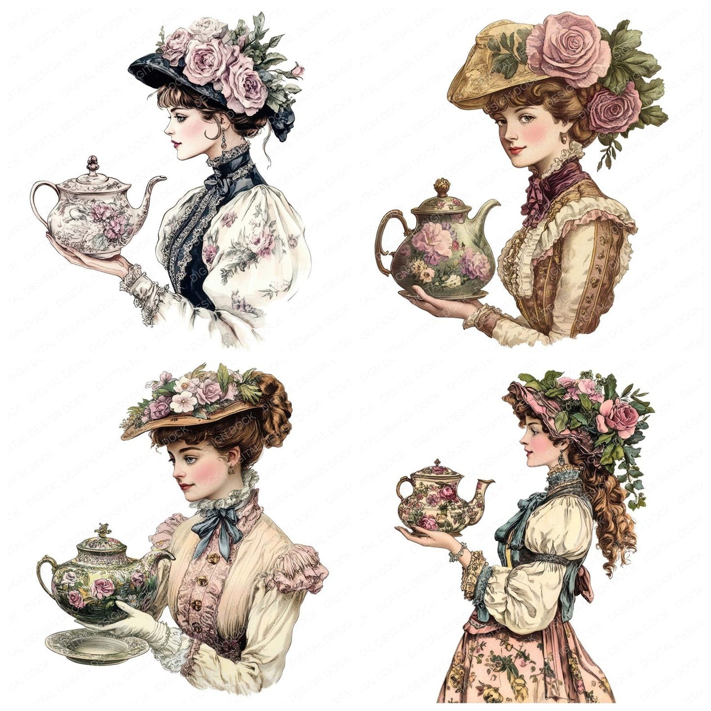 Victorian Woman Floral Teapot Clipart Set (DDD006832)