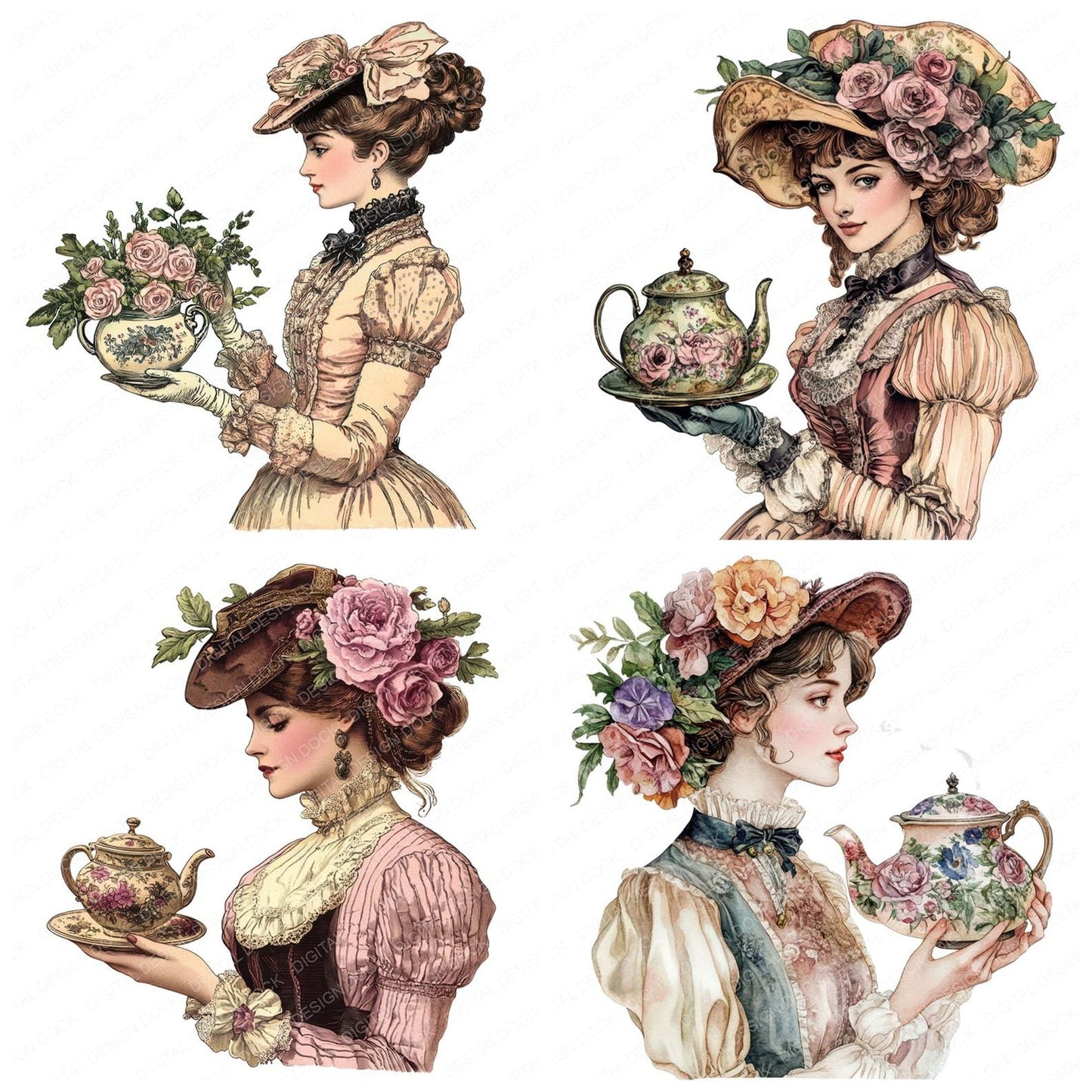 Victorian Woman Floral Teapot Clipart Set (DDD006832)