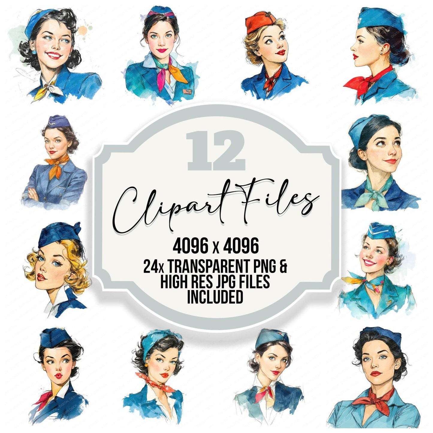 Vintage Air Hostess Woman Clipart Set (DDD006836)