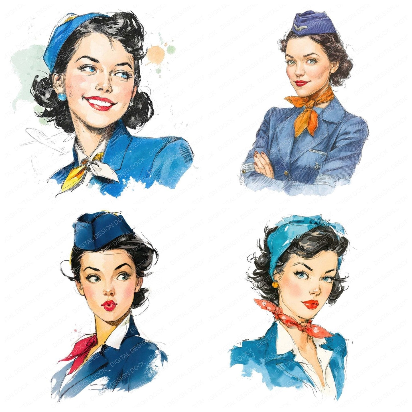 Vintage Air Hostess Woman Clipart Set (DDD006836)