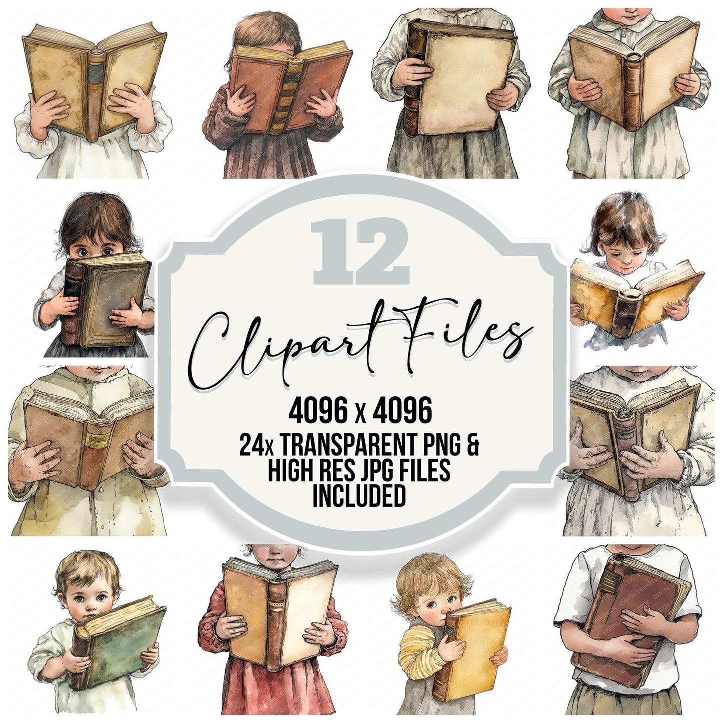 Vintage Child with Big Book Clipart Set (DDD006850)