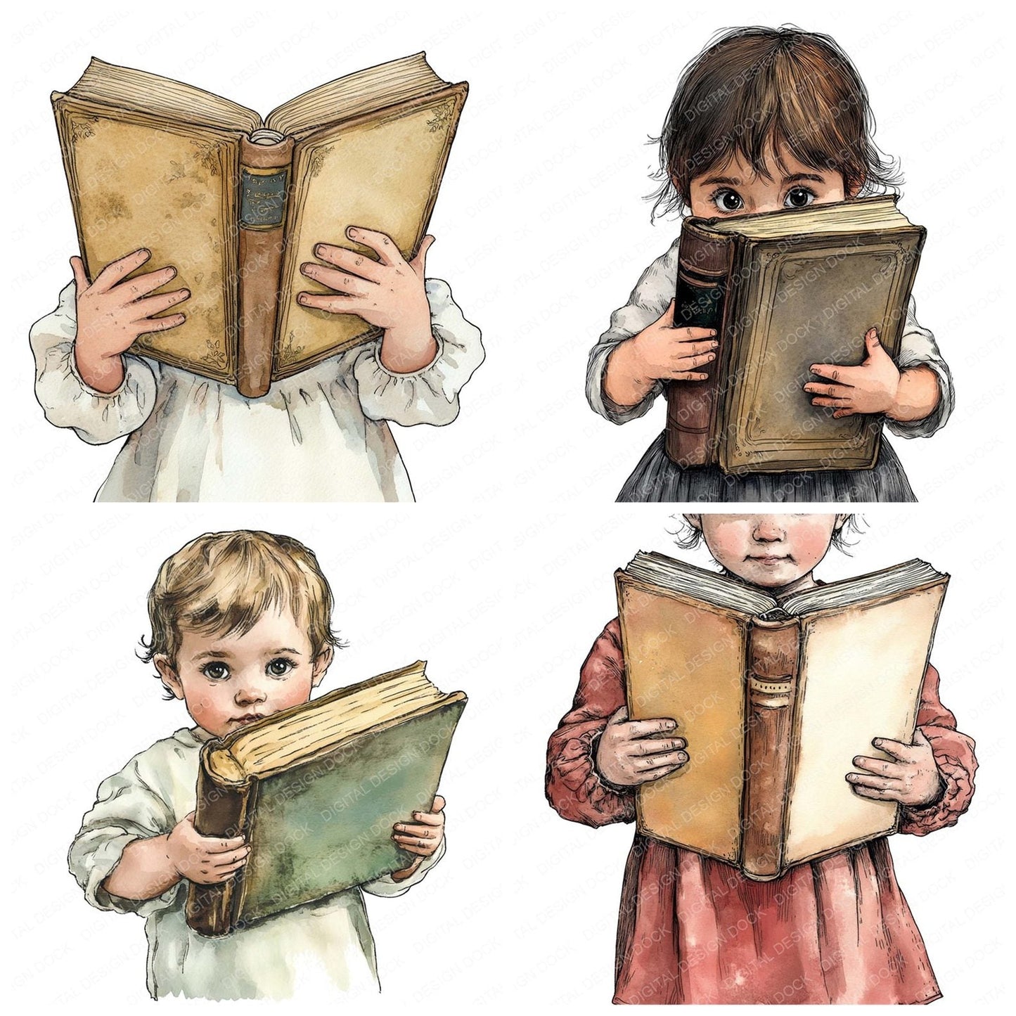 Vintage Child with Big Book Clipart Set (DDD006850)