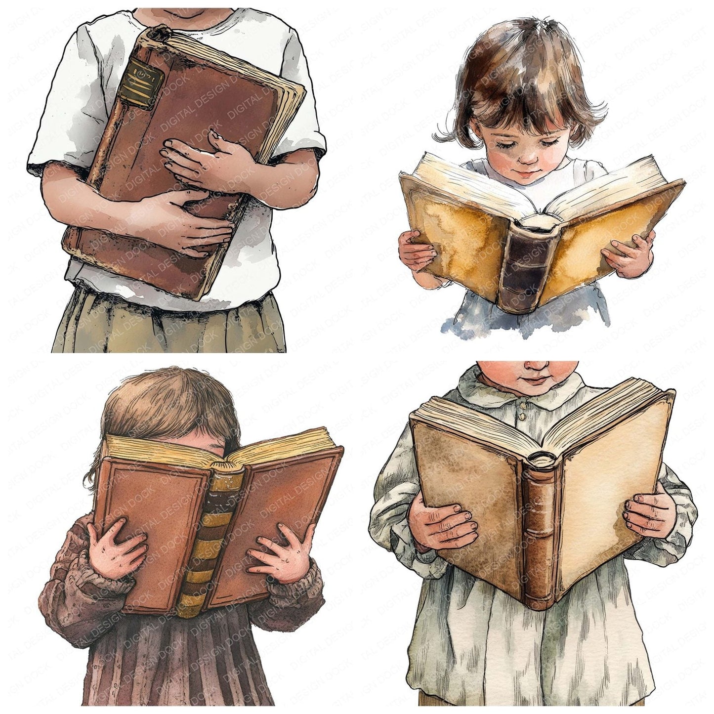 Vintage Child with Big Book Clipart Set (DDD006850)