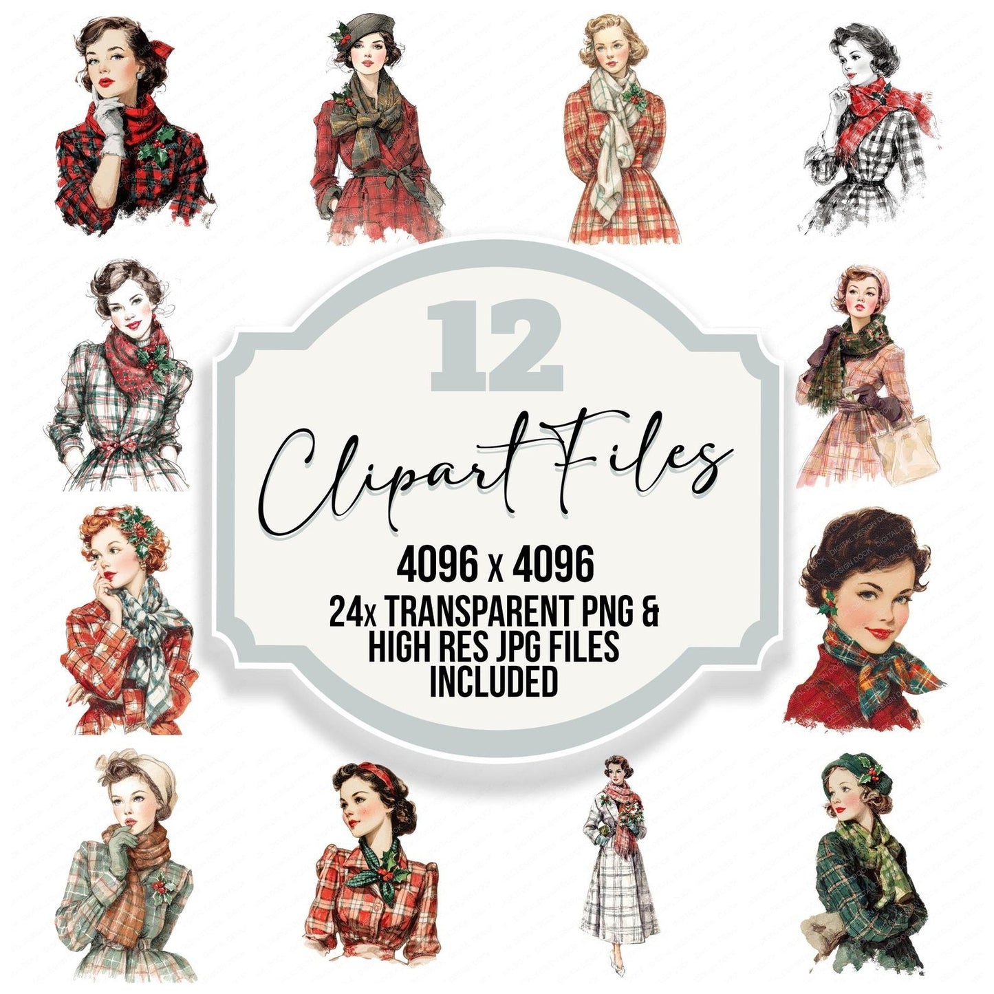 Vintage Christmas Woman Outfit Clipart Set (DDD006851)