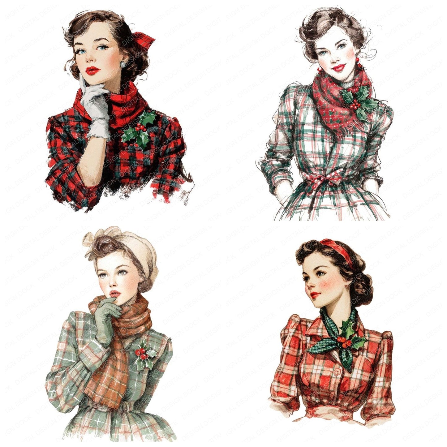 Vintage Christmas Woman Outfit Clipart Set (DDD006851)