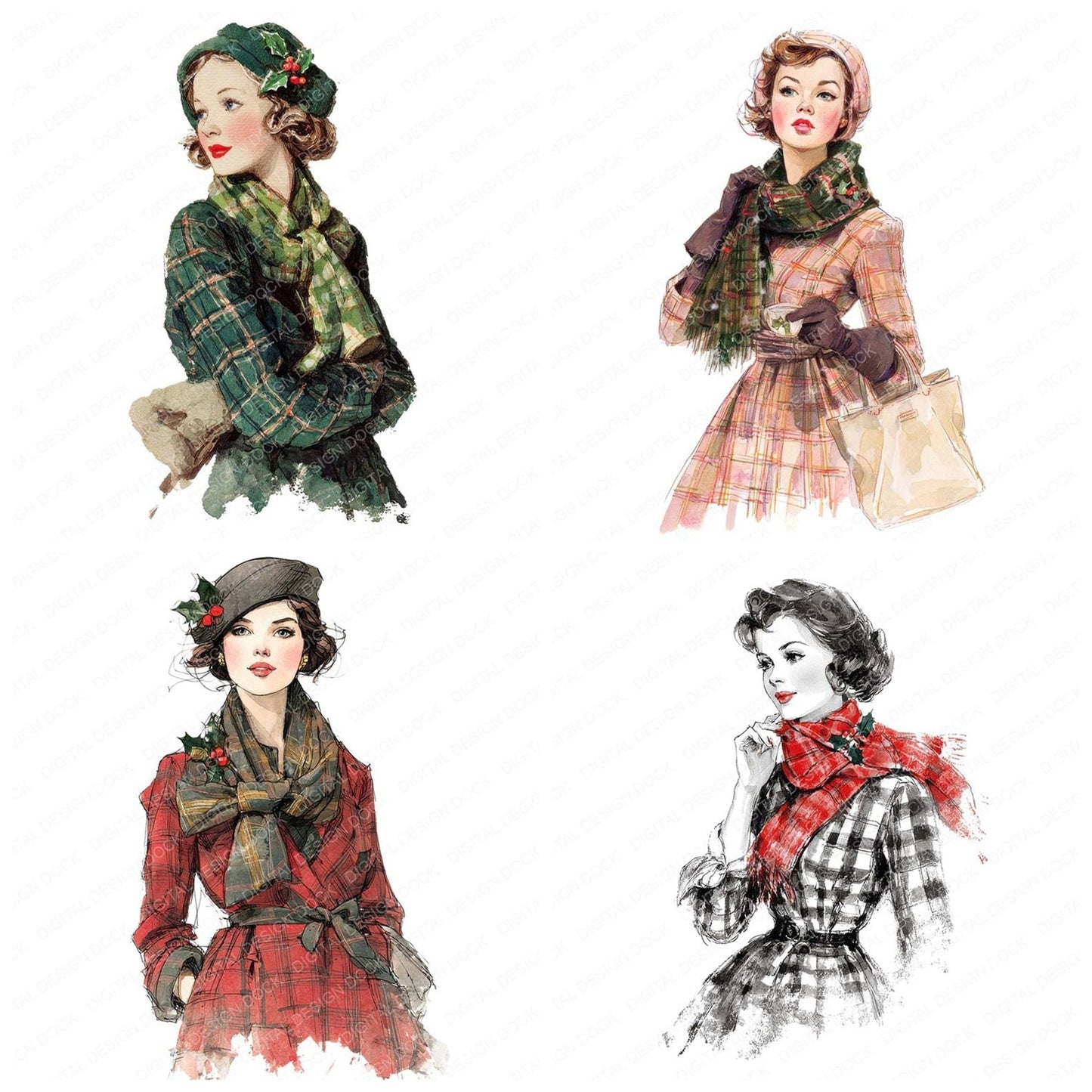 Vintage Christmas Woman Outfit Clipart Set (DDD006851)