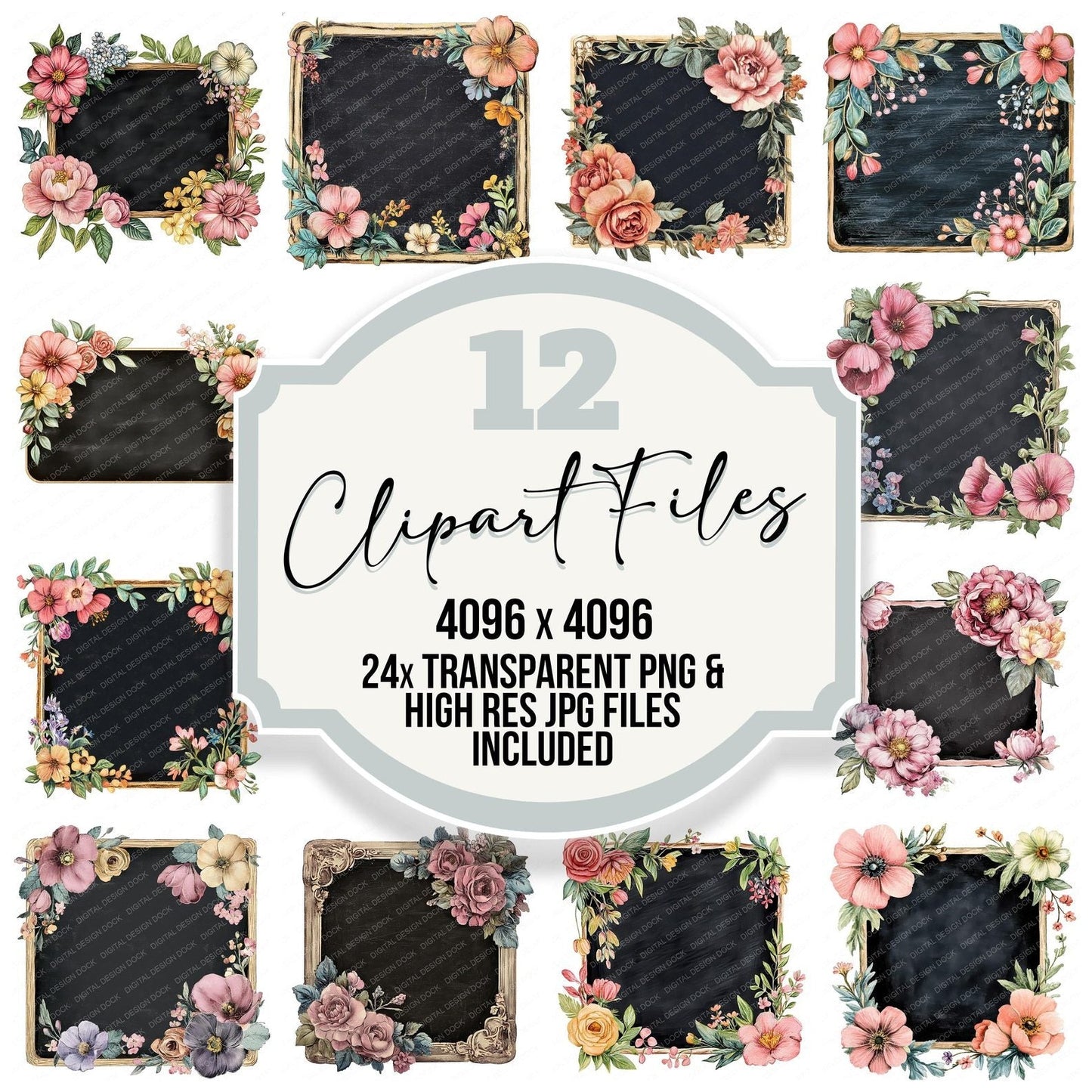 Vintage Floral Chalkboard Clipart Set (DDD006858)