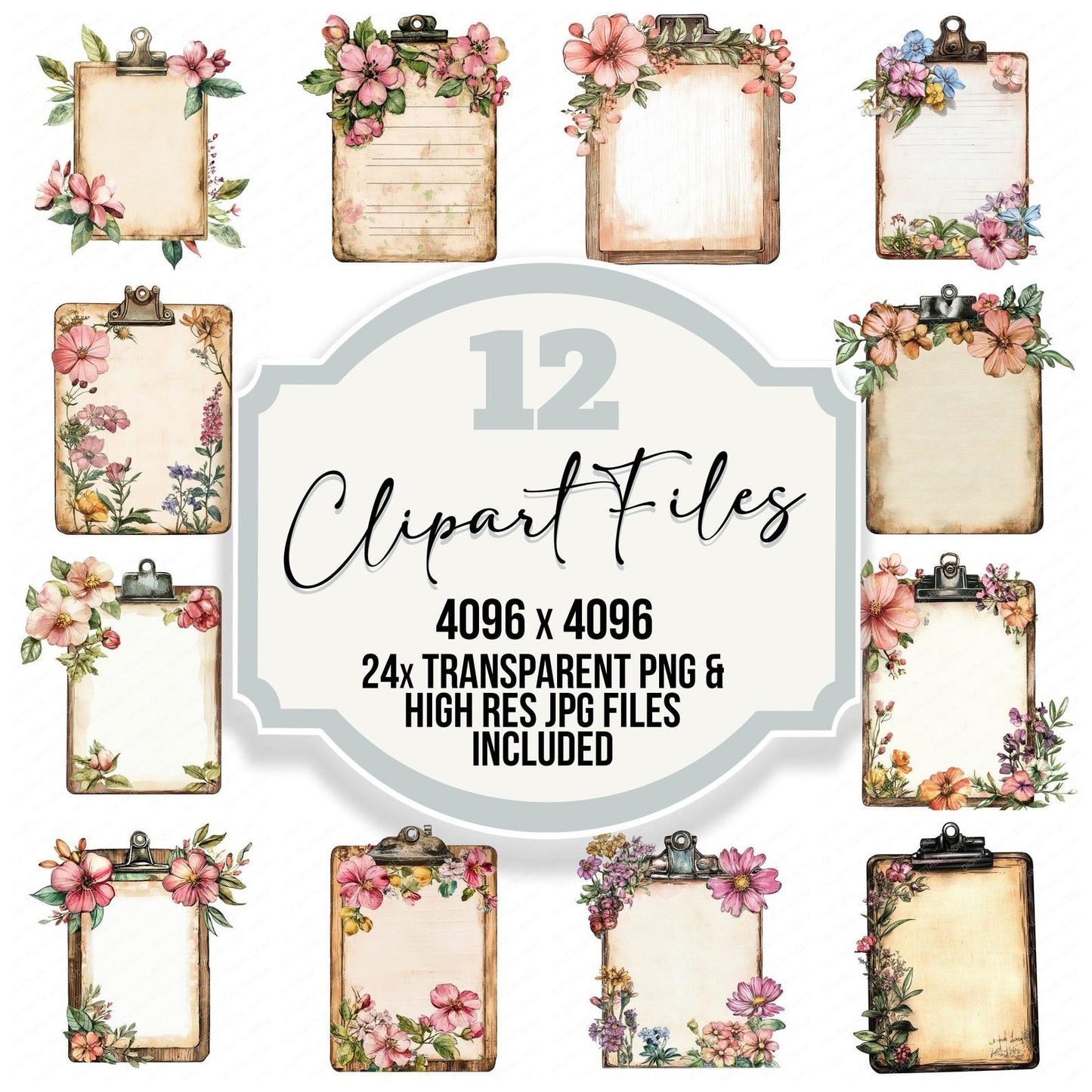 Vintage Floral Clipboard Clipart Set (DDD006859)