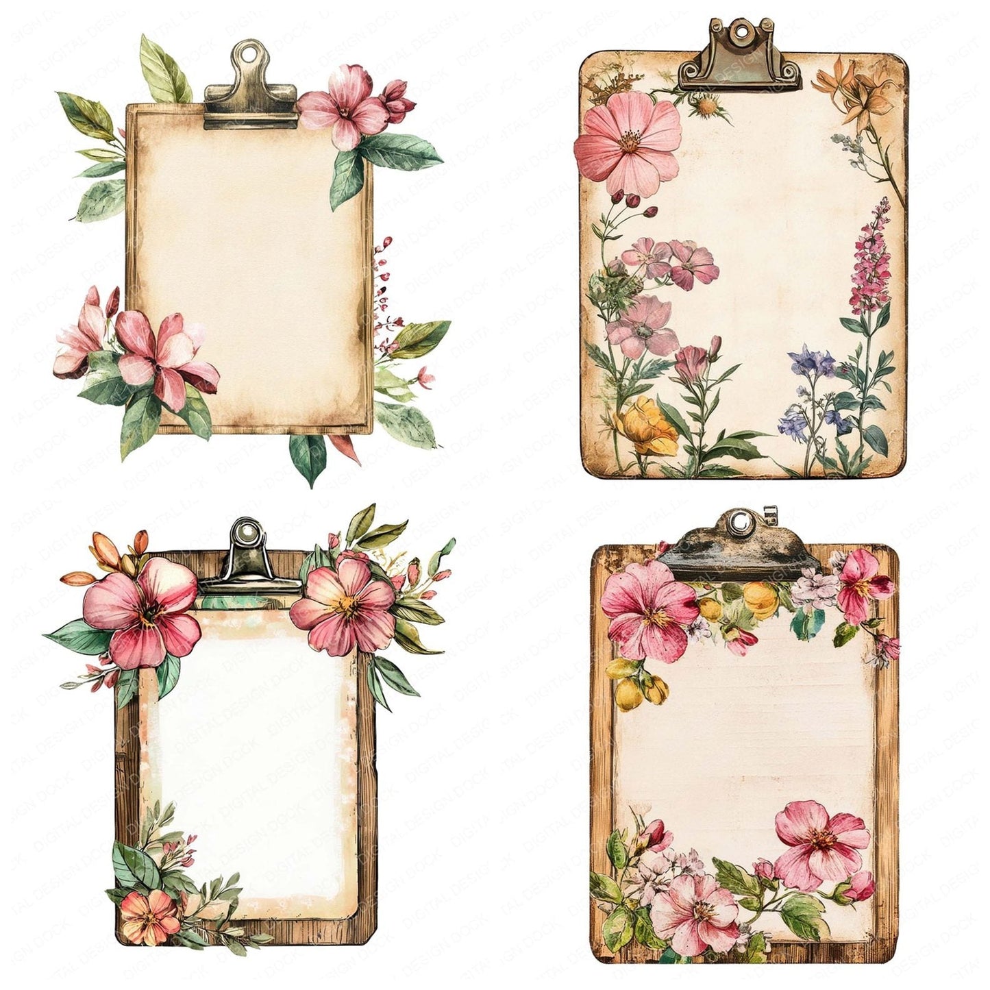 Vintage Floral Clipboard Clipart Set (DDD006859)