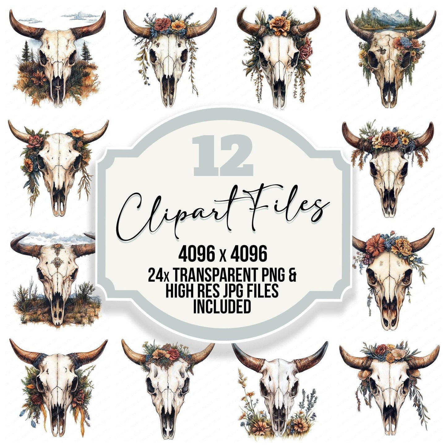 Vintage Floral Cow Skull Clipart Set (DDD006860)
