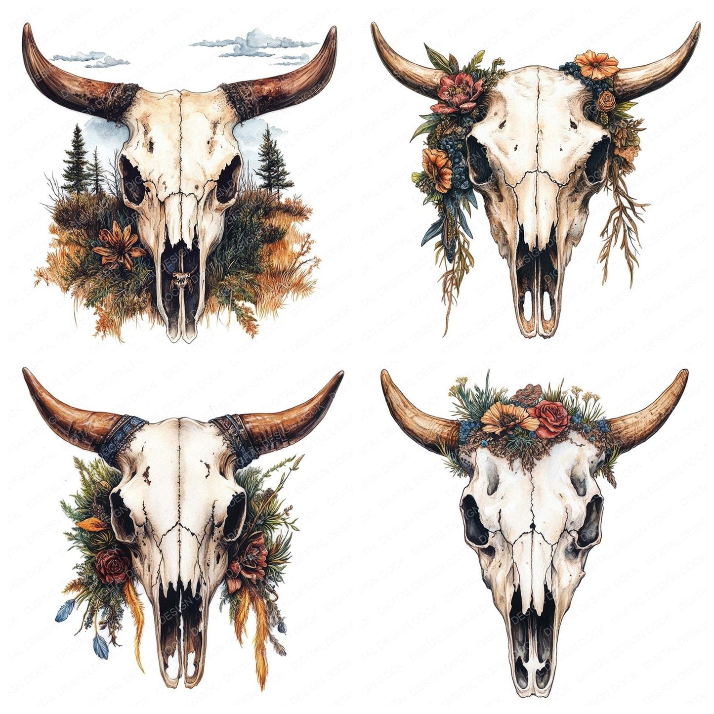 Vintage Floral Cow Skull Clipart Set (DDD006860)