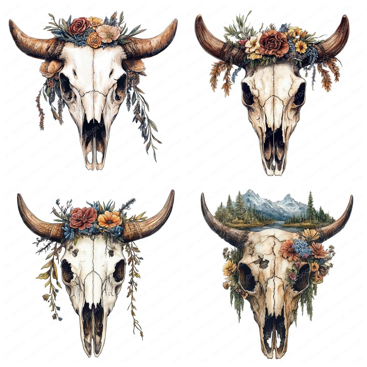 Vintage Floral Cow Skull Clipart Set (DDD006860)