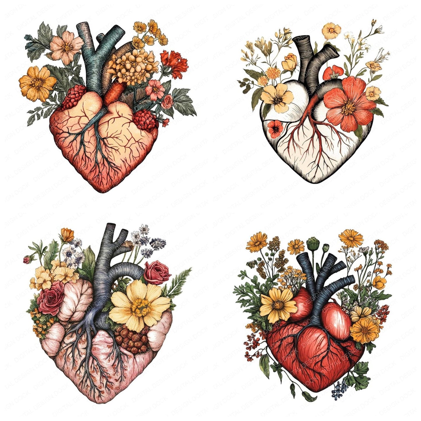 Vintage Floral Human Heart Clipart Set (DDD006862)