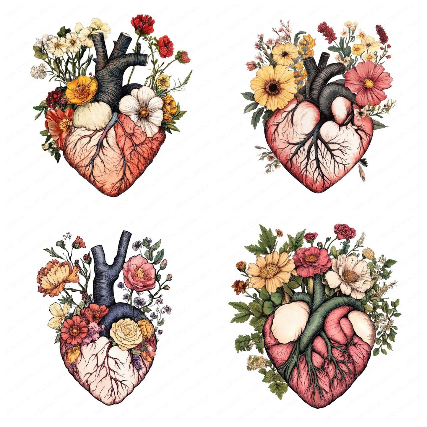 Vintage Floral Human Heart Clipart Set (DDD006863)