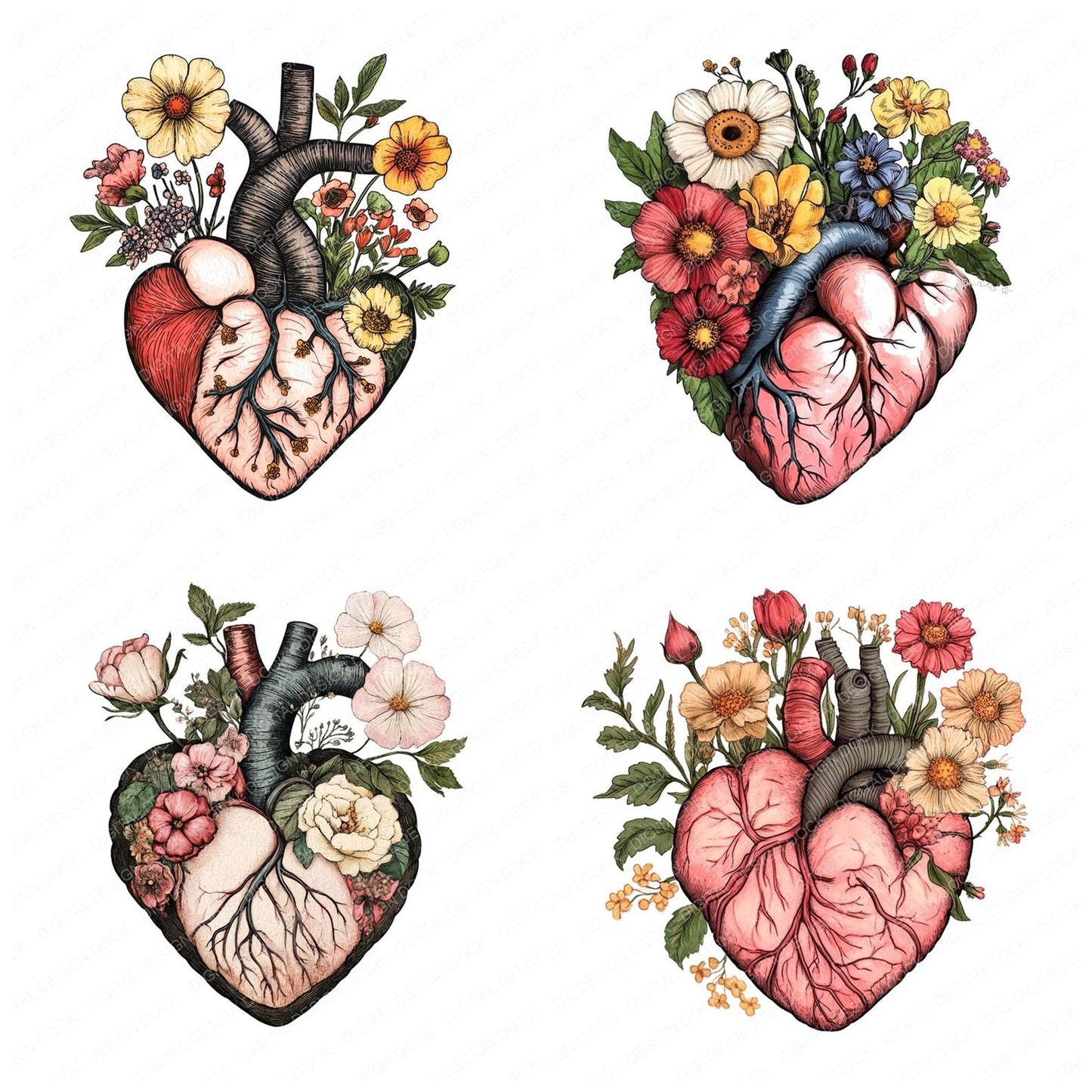 Vintage Floral Human Heart Clipart Set (DDD006863)