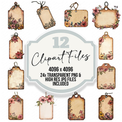 Vintage Floral Sign Tag clipart set cover showing the designs and file details