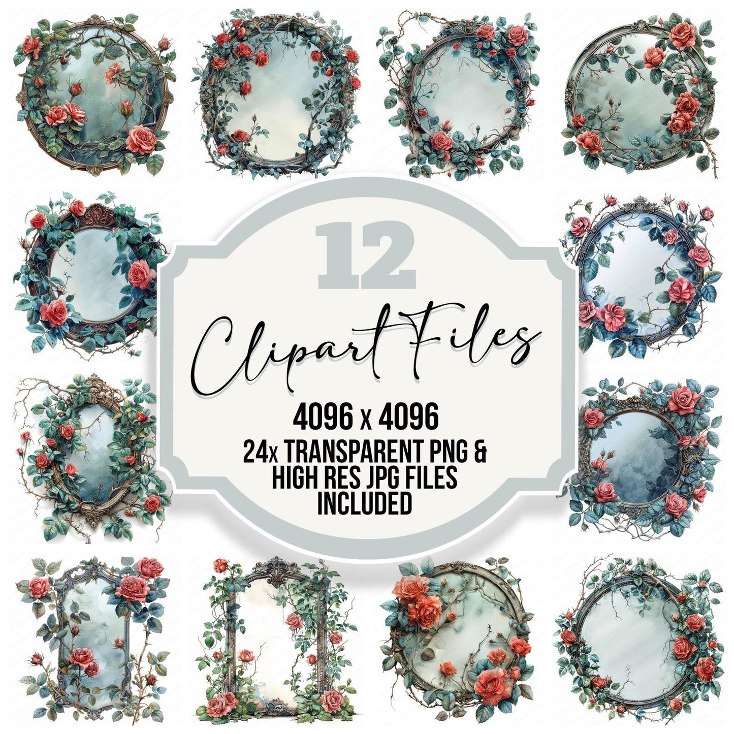 Vintage Floral Vanity Mirror Clipart Set (DDD006868)