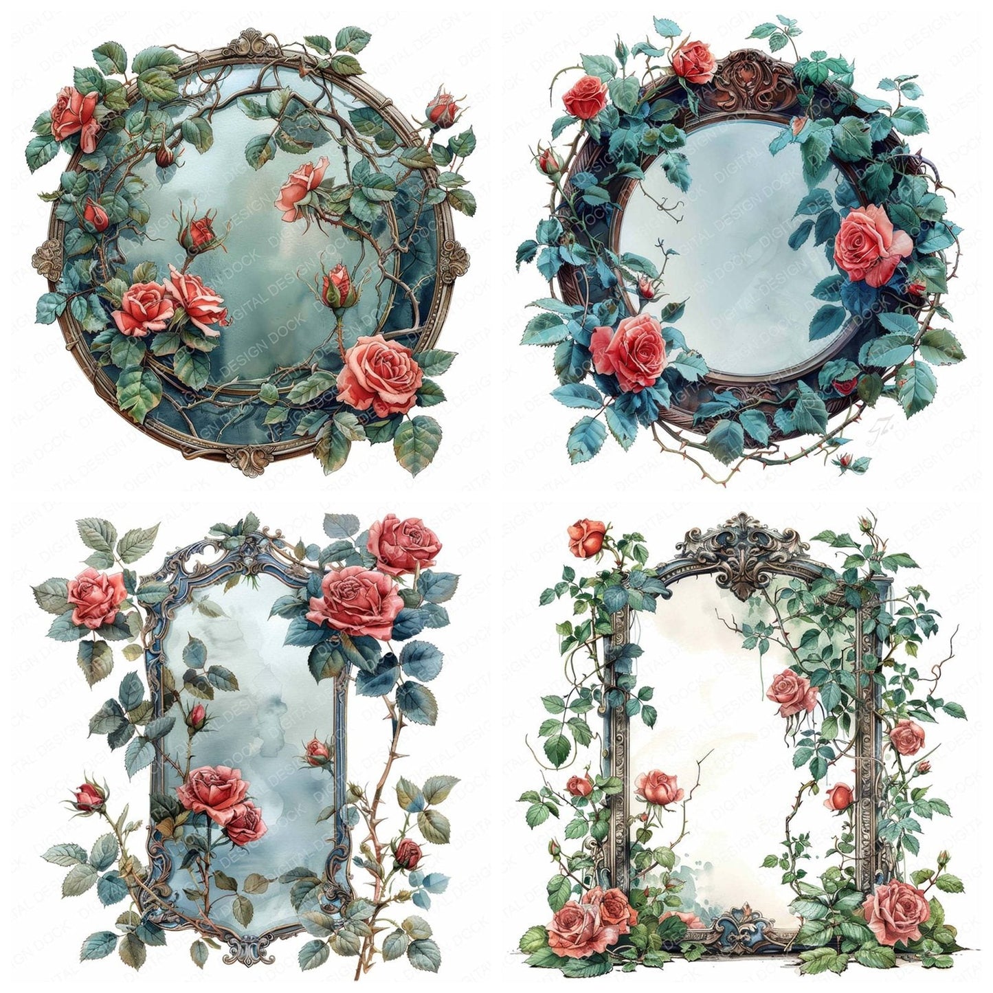 Vintage Floral Vanity Mirror Clipart Set (DDD006868)