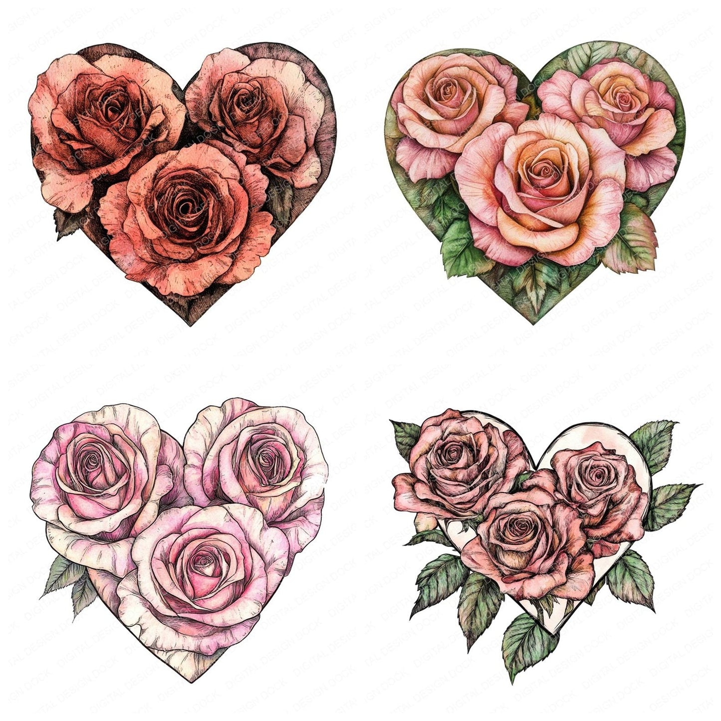 Vintage Heart Shaped Roses Clipart Set (DDD006879)