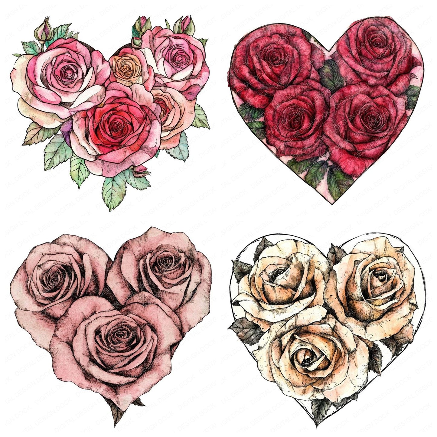 Vintage Heart Shaped Roses Clipart Set (DDD006879)