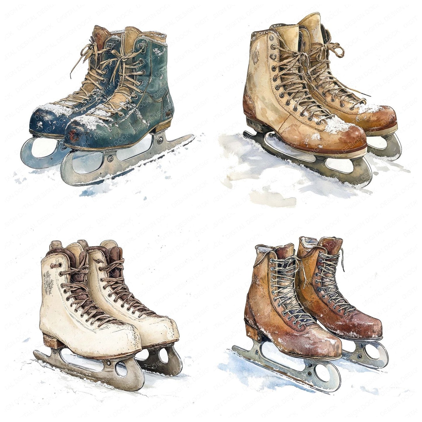 Vintage Ice Skates on Snow Clipart Set (DDD006881)