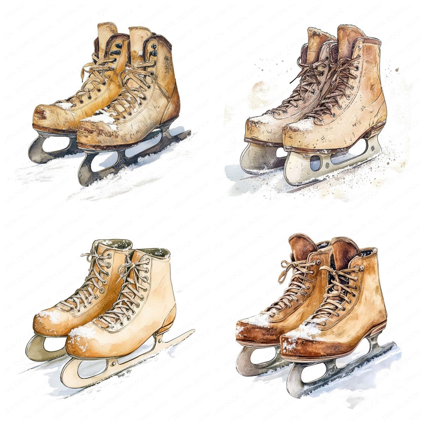 Vintage Ice Skates on Snow Clipart Set (DDD006881)
