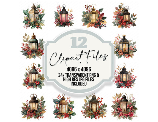 Vintage Lantern with Winter Foliage clipart set with transparent PNGs and high resolution JPGs for crafting and design projects