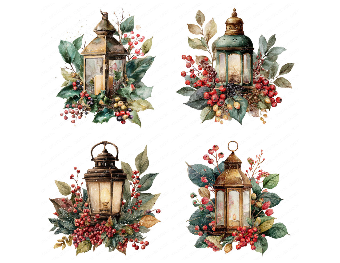 Preview layout showing Vintage Lantern with Winter Foliage clipart elements for scrapbooking, junk journals, and card making