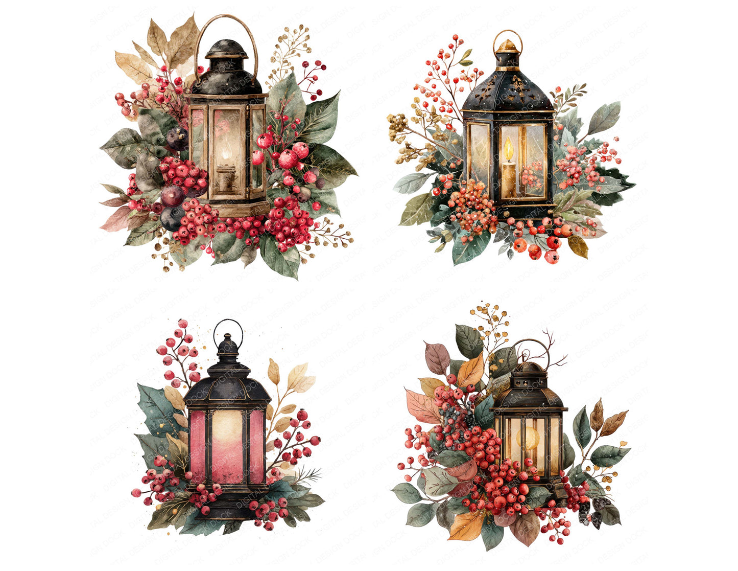 Close view of Vintage Lantern with Winter Foliage clipart highlighting illustration detail and cohesive colour tones