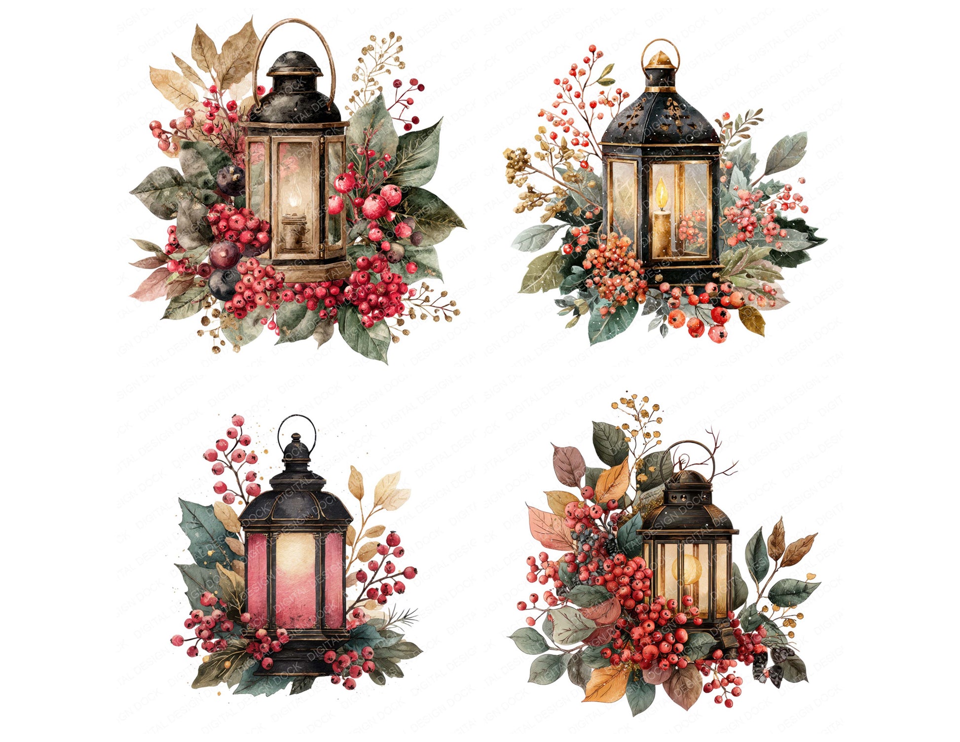 Close view of Vintage Lantern with Winter Foliage clipart highlighting illustration detail and cohesive colour tones