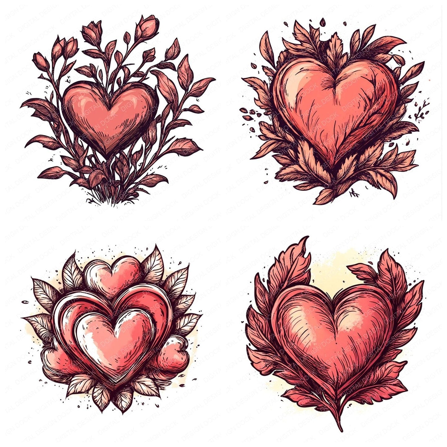 Vintage Love Heart Illustartion Clipart Set (DDD006887)