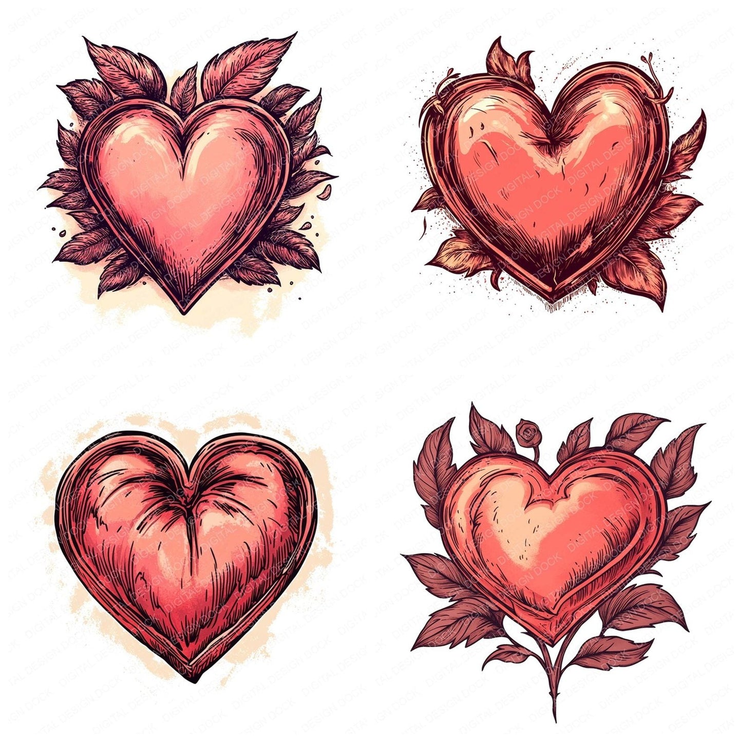 Vintage Love Heart Illustartion Clipart Set (DDD006887)