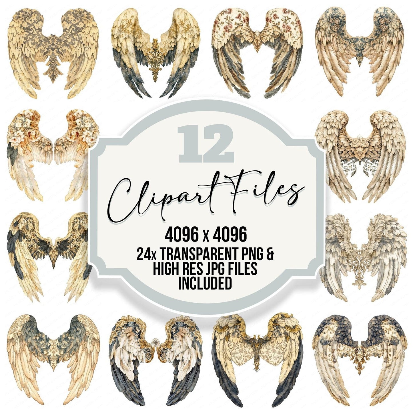 Vintage Pattern Angel Wings Clipart Set (DDD006895)