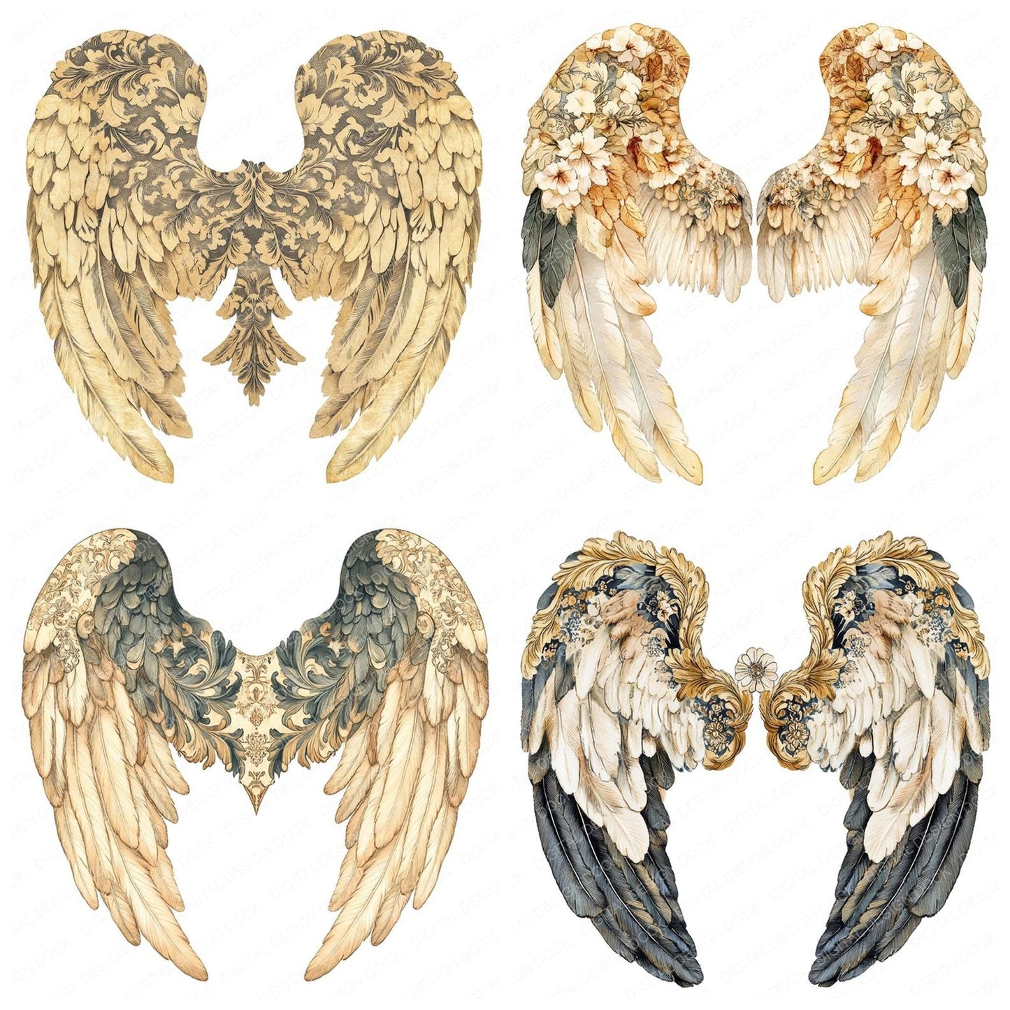 Vintage Pattern Angel Wings Clipart Set (DDD006895)