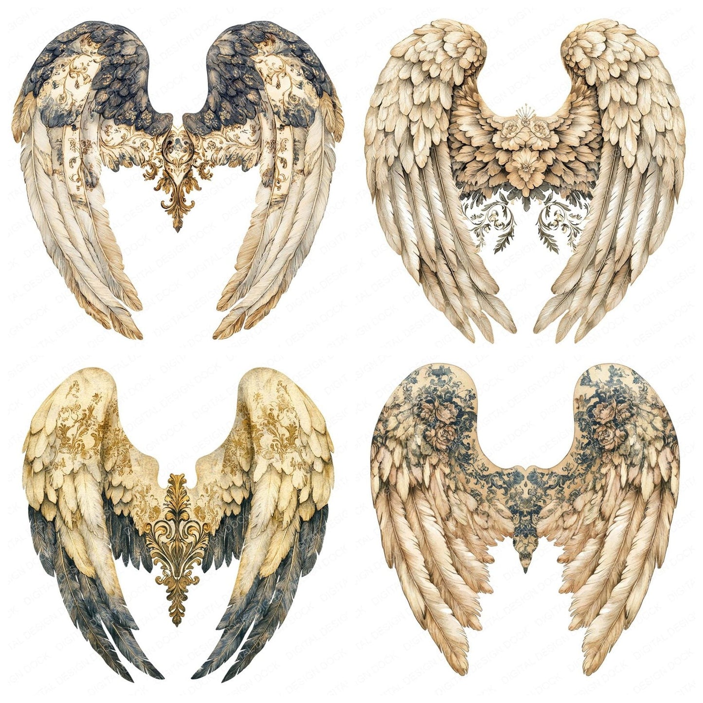 Vintage Pattern Angel Wings Clipart Set (DDD006895)