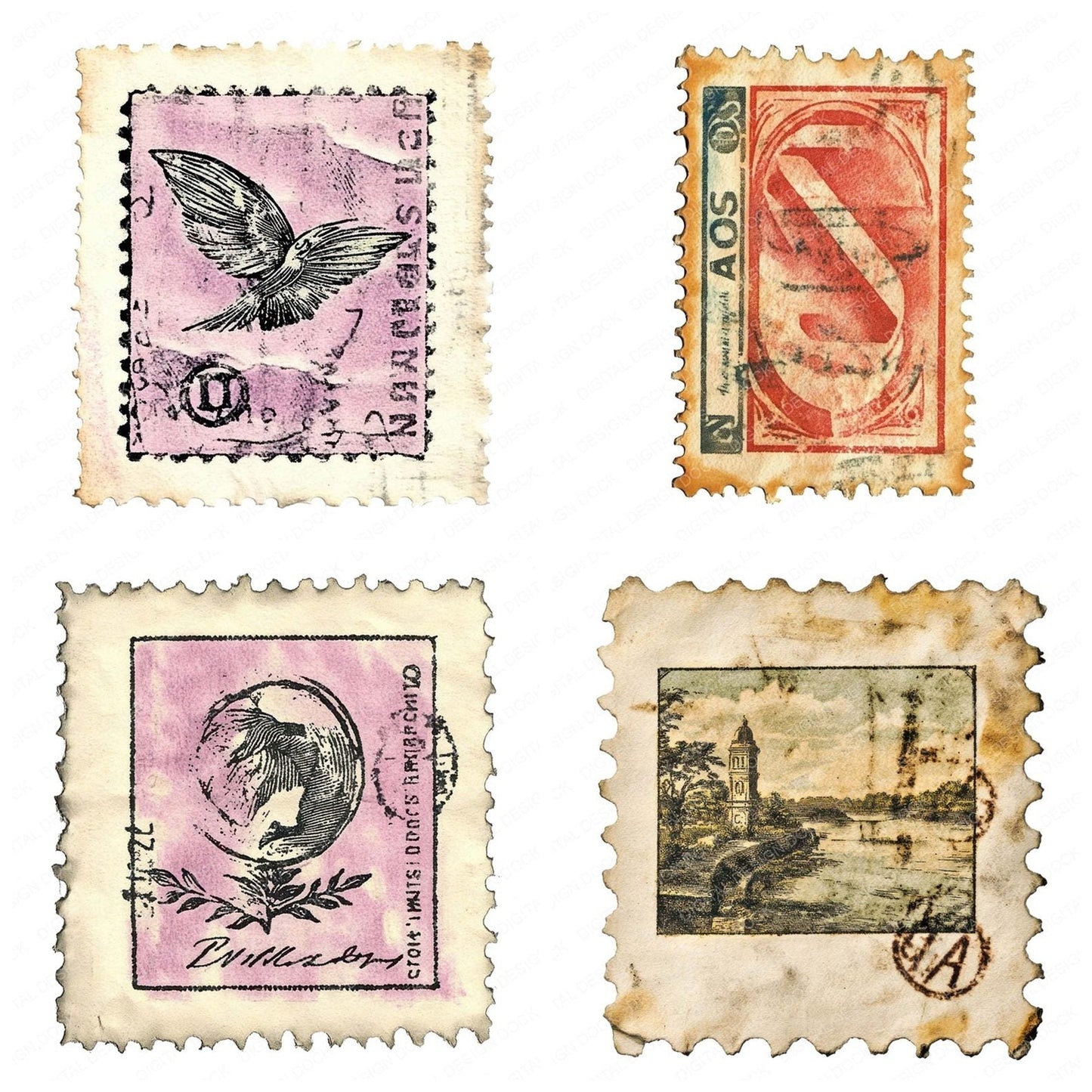 Vintage Postage Stamp Clipart Set (DDD006902)