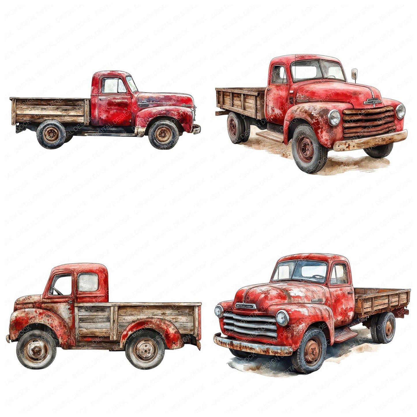 Vintage Red Pickup Clipart Set (DDD006909)