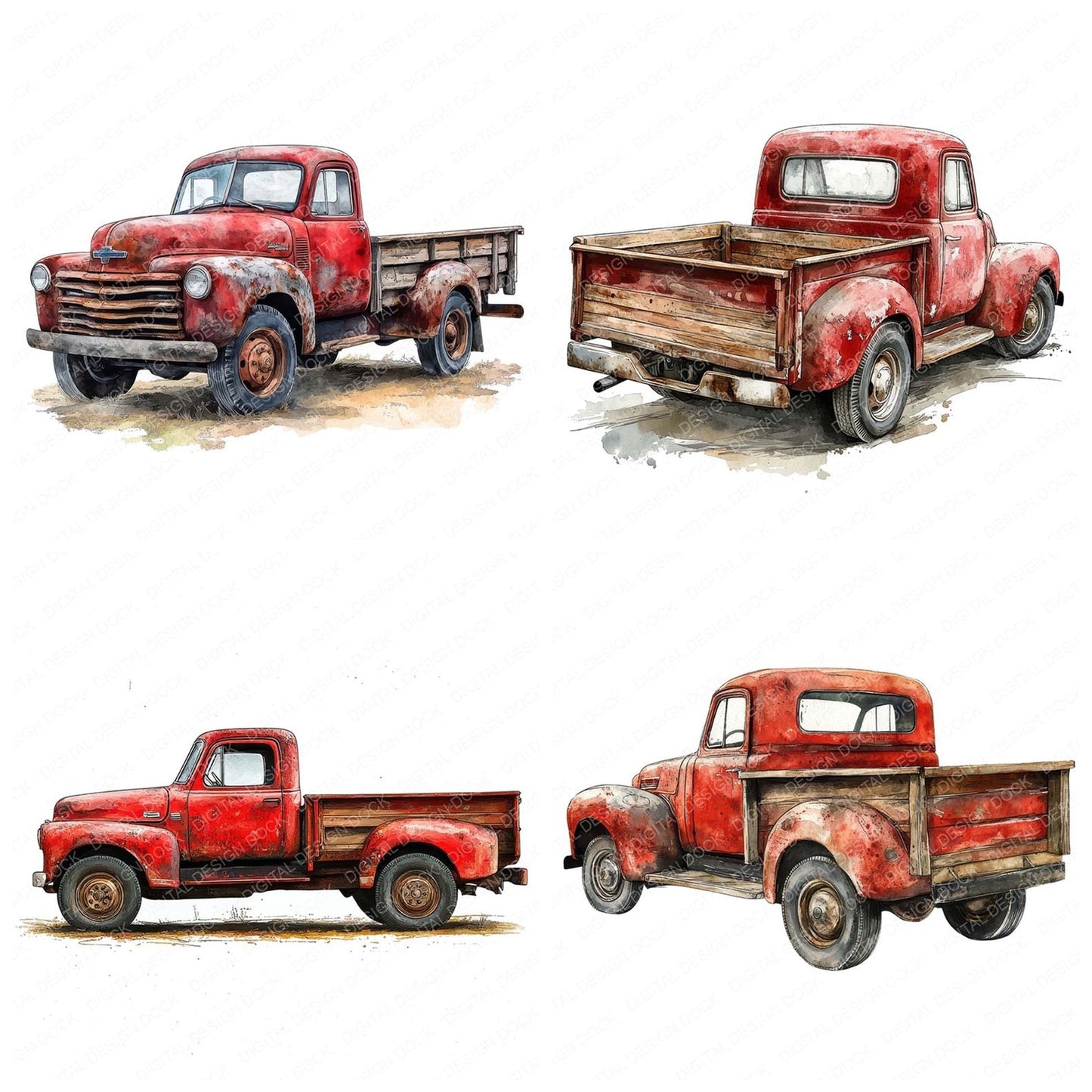 Vintage Red Pickup Clipart Set (DDD006909)