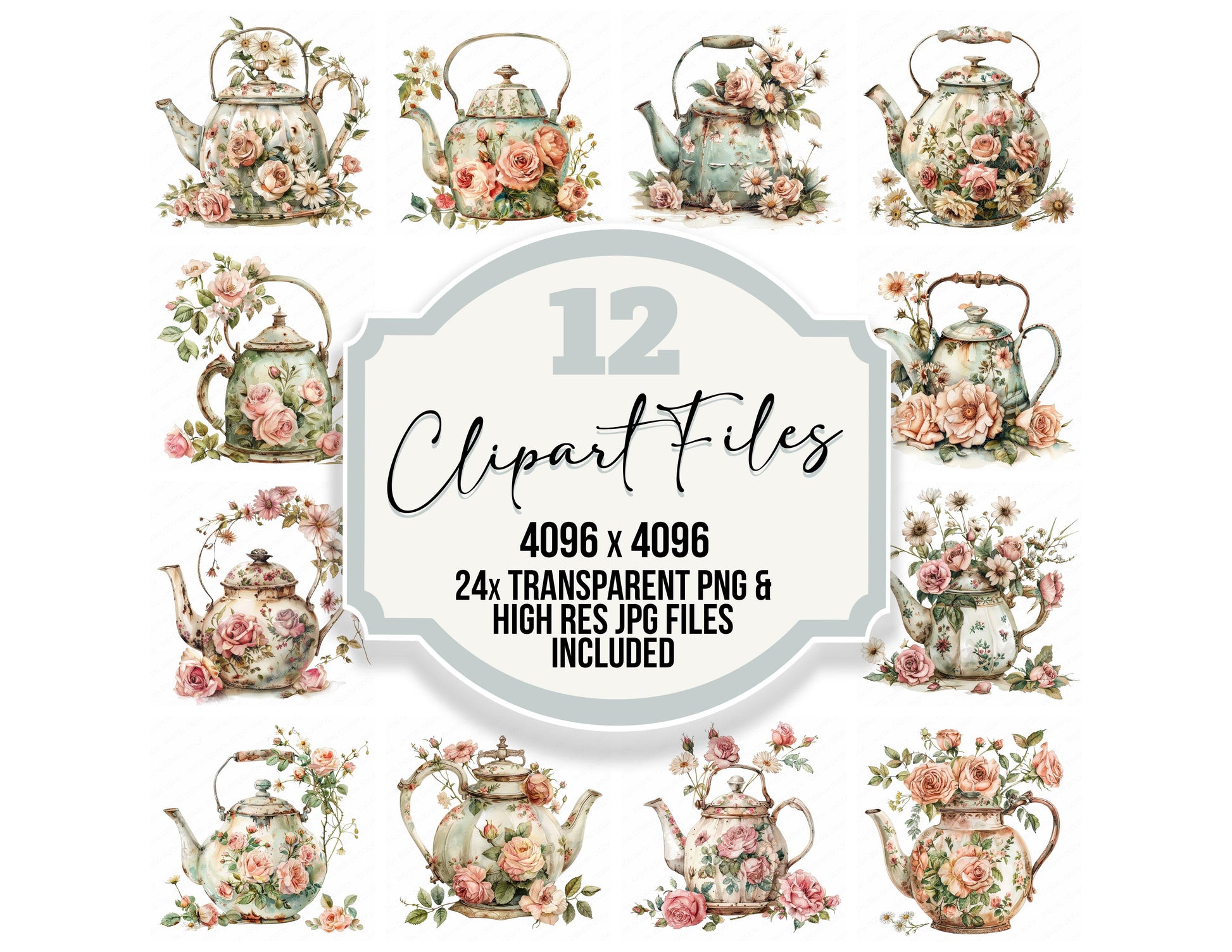 Vintage Rustic Floral Teapot clipart set with transparent PNGs and high resolution JPGs for crafting and design projects