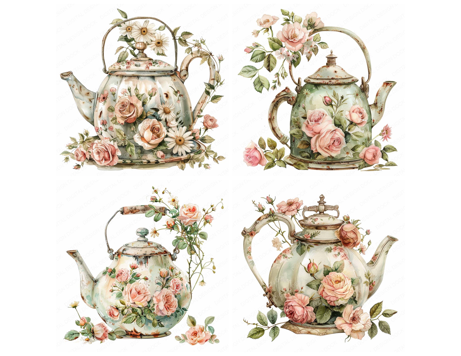 Preview layout showing Vintage Rustic Floral Teapot clipart elements for scrapbooking, junk journals, and card making